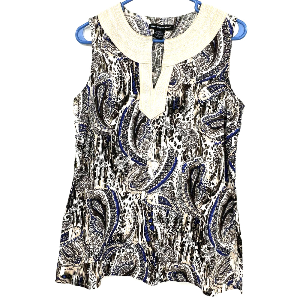 Saint Tropez West‎ size small linen v neck sleeveless blouse top shirt paisley